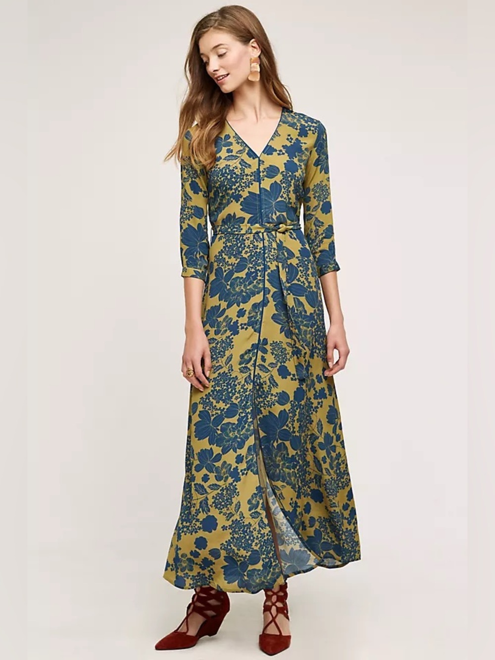 Anthropologie Rdalamal Olive Maxi Dress with Navy Floral Print Size 4 Semi Sheer